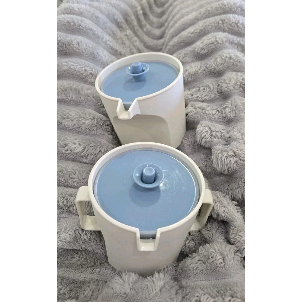 Vintage Tupperware Creamer & Sugar Set Blue Push and Seal Top HARD PLASTIC